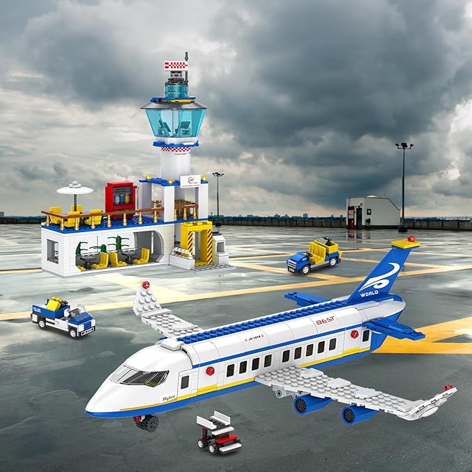 City Passenger Airplane Building Set 886 Pcs STEM 6 in 1 Airport Passenger Plane Building Block Toy with Terminal Shuttle BusLuggage CartChristmas Birthday Gifts for Boys Girls Ages 6-12+