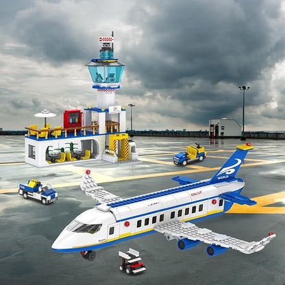 City Passenger Airplane Building Set 886 Pcs STEM 6 in 1 Airport Passenger Plane Building Block Toy with Terminal Shuttle BusLuggage CartChristmas Birthday Gifts for Boys Girls Ages 6-12+