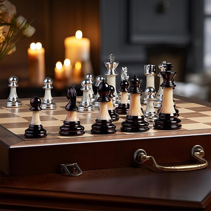 Deluxe Chess Set 16.5'' Wooden Large Folding Chess Board Game with Handle Weighted Acrylic Chess Pieces - 3.5 King with Storage Slots for Beginners Professional Players