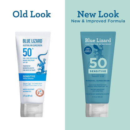 Blue Lizard SENSITIVE Mineral Sunscreen with Zinc Oxide, SPF 50+, Water Resistant, UVA/UVB Protection with Smart Cap Technology - Fragrance Free, 3 oz. Tube