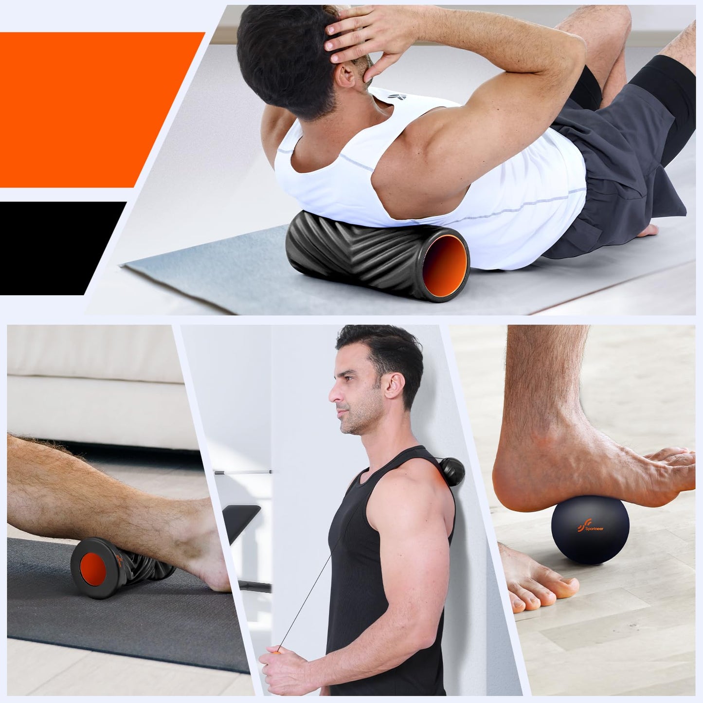 Sportneer 4 in 1 Foam Roller Set: Dual Textures Foam Roller, Foot Roller, Lacrosse Ball, Traction Massage Ball with String, Deep Massage Roller for Whole Body Release, Physical Therapy (Black)