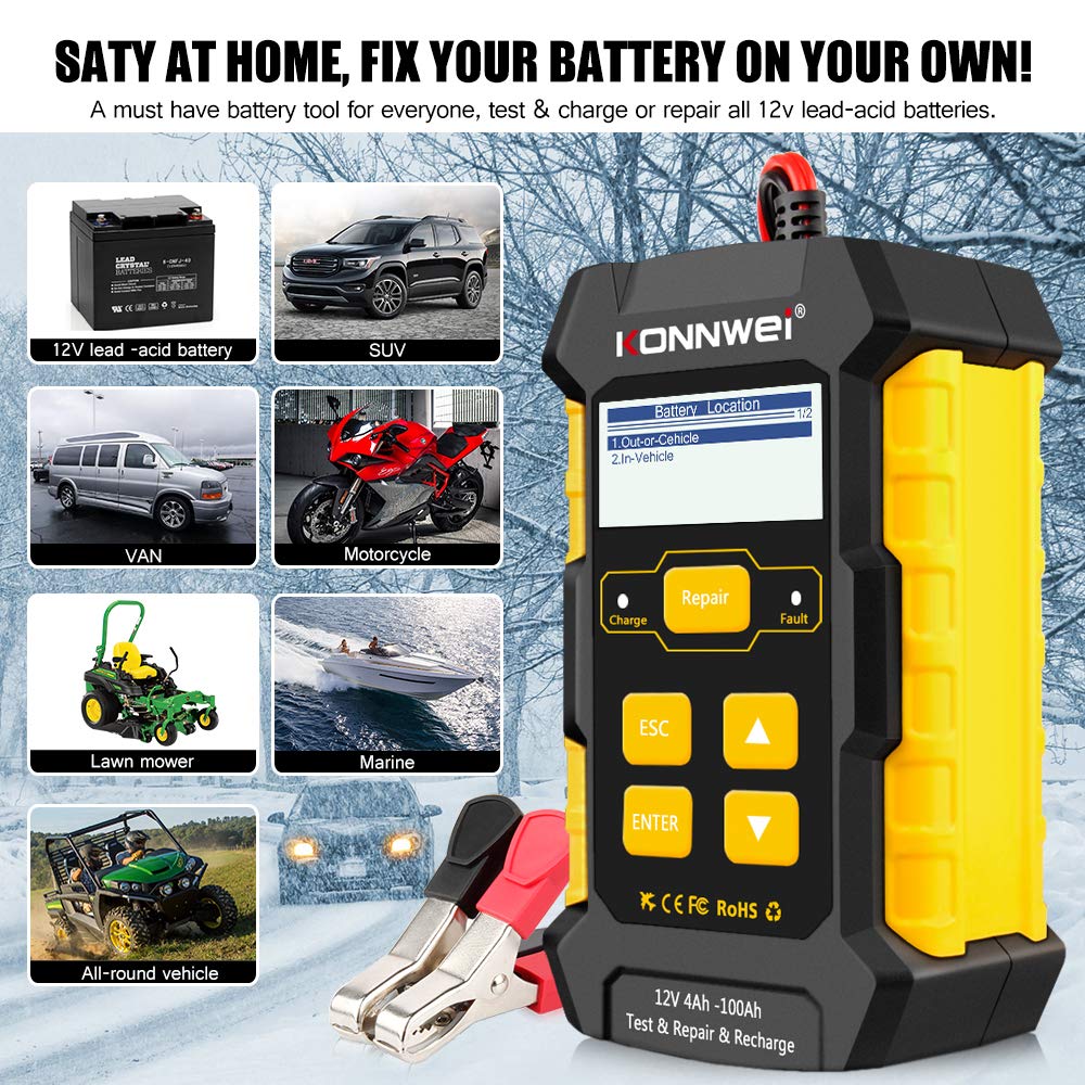 KONNWEI 3 in 1 Car Battery Charger, KW510 Battery Tester 12V 5-Amp Fully Automatic Smart Charger Automotive Pulse Repair Maintainer, Trickle Charger Battery Desulfator w/Temp Compensation