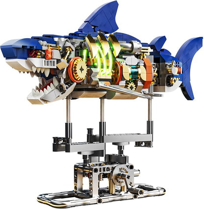 Mechanical Shark Building Set with LED Light 687 PCS Movable Ocean Animal with Display Stand Sea Fish Building Block Toy Home Decor Gift for Adults Teens Kids Boys Ages 12+