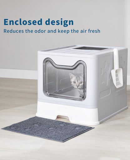 Medario Cat Litter Box with Litter Mat and Scoop, Large Foldable Litter Box with Lid, Front Entry Top Exit Kitty Box, Odor Control, Easy to Clean (Grey)