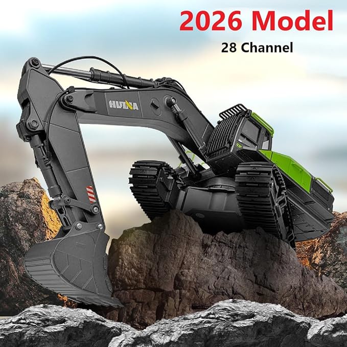RC Excavator for Adults Huina 1593 Fully Functional 1:14 Toy 28 Channel Remote Control Truck Construction Vehicle Metal Bucket LED Lights Simulating Sounds 2 Batteries and Gripper 2026 Model