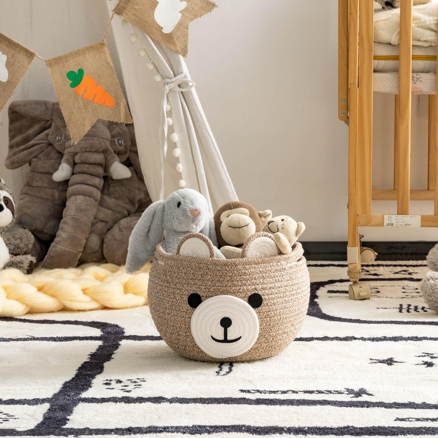 CherryNow Baby Basket for Nursery, Bear Gift Baskets for Kids, Baby Shower Basket with Handles, Small Cute Animal Baskets, Light Brown, 10.5"D x 8.5"H