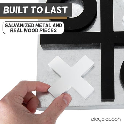 Play Platoon Magnetic Tic Tac Toe Game - Large Metal and Wooden Wall Mounted Board Games - 13.5 Inch Table Top or Wall Mounted Farmhouse Rustic for Game Room - Black &amp White
