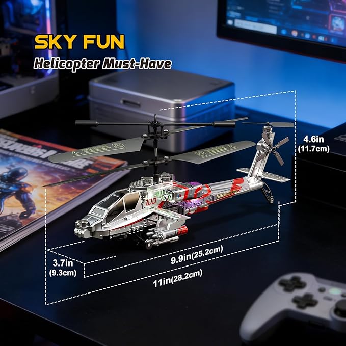 XIKOTEC RC Helicopter Remote Control Helicopter Toy for Kids Beginners and Adults with Altitude Hold Gyro &amp LED Light 2 Batteries &amp USB-C Charging Gift for Boys Ages 8-12(Silvery)