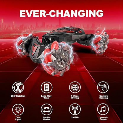 1:10 Remote Control Stunt Car 4WD 2.4 GHz Hand Gesture Sensing RC Crawler Vehicle 360° Flips with Lights Music Spray Birthday Presents Toy Cars for Kids Both Boys and Girls Aged 6-12 (Red)