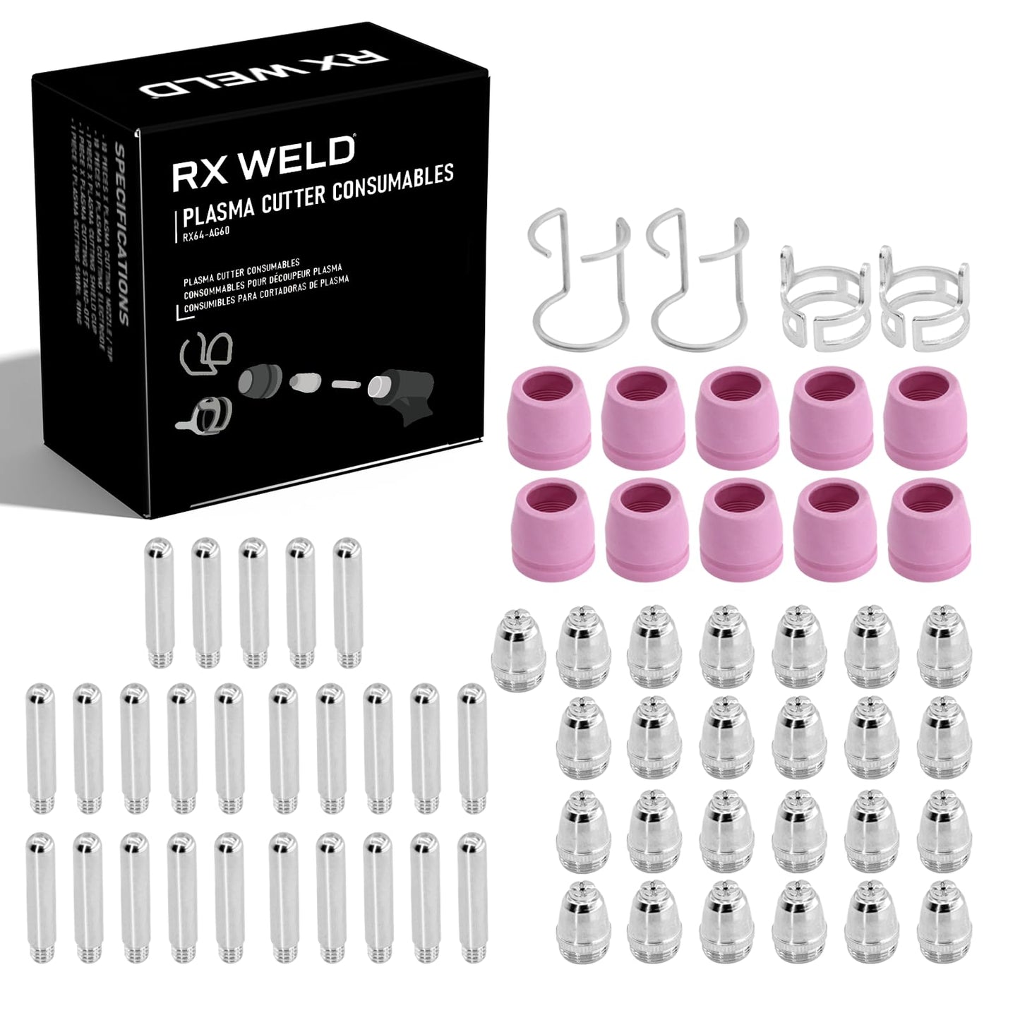 RX WELD 64PCS AG60P Plasma Cutter Torch Consumables Electrode Nozzles Cups Kit Galvanized Copper Ceramic AG-60 Consumables