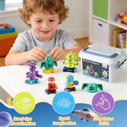 Magnetic Robot Building Toys for Kids 3-8 STEM Magnetic Monster Set DIY Stacking Robots with Storage Box Ideal Birthday for Boys Girls Age 3 4 5 6 7 8