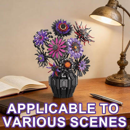Flower Bouquet Building Blocks Set with Vase Purple Sunflower Brick Flowers DIY Artificial Flower Decor Building Toy for Adults Desk Home Decoration Gift for Women