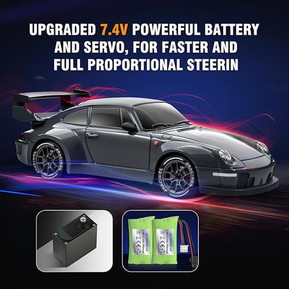 ACAMMZAR RC Drift Car Pro Upgraded with Gyro 1:24 Full Proportional Remote Control Car 25KM/H 4WD High Speed RC Cars with Lights Extra Racing Tires Vehicle for Adults Kids Boys Girls Gray