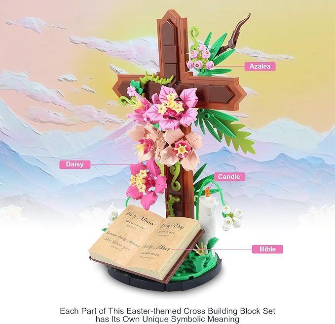 Jesus Cross Flower Building Set for Adults Decorative Cross Building Blocks Great Easter Christmas Christian Birthday Gifts for Mothers Women Adults (363 PCS)