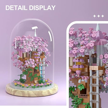 Cherry Blossom Bonsai Tree House Building Flowers Set for Adults 1382 Pcs Micro-Particle Ideas Sakura Tree Building Blocks Complete with String Lights Dust Cover and Wooden Base