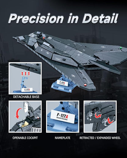 F-117A Nighthawk Fighter Jet Building Block Set for Adults 14+ 20 Inch Planet Military Airplane Air-Force with Display Stand Compatible with Lego 1375 Pcs