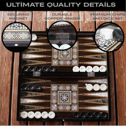 Park&ampOz Pearl Premium Turkish Backgammon and Checkers Set 19 Inch Handmade 2 in 1 Wooden Board Game with Glossy Finish Luxury Checkers and Dice Travel Friendly and Foldable