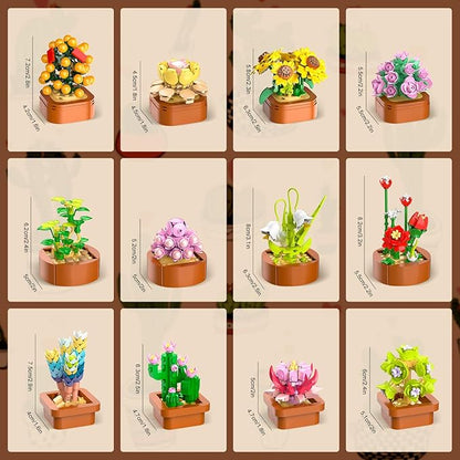 12 Pack Flowers Succulents Mini Building Set - 1403PCS Flower Botanical Collection for Home Office Décor 3.6MM Plant Blocks Toy Easter Birthday Gifts for Adults Women Kids Girls10+