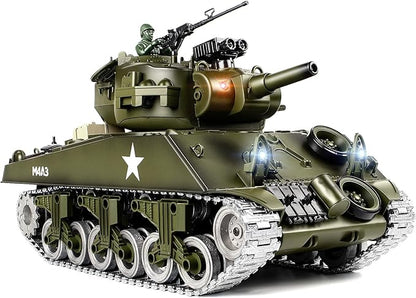 1:18 RC Tank for Adult and Kid 2.4G US M4A3 Sherman Alloy Metal Tracks Model Toys RC Vehicle Tank That Shoots BBS with Smoke Lights Sound Military Army Toys with 2 Rechargeable Battery