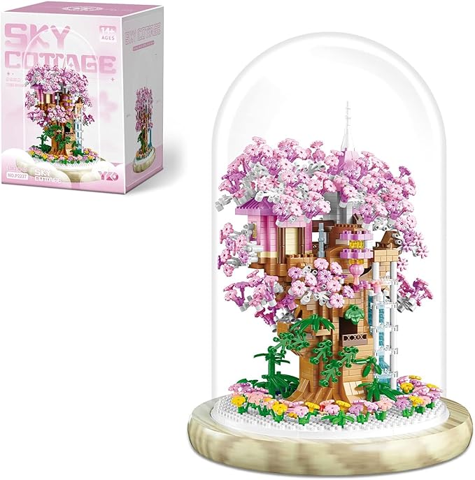 Cherry Blossom Bonsai Tree House Building Flowers Set for Adults 1382 Pcs Micro-Particle Ideas Sakura Tree Building Blocks Complete with String Lights Dust Cover and Wooden Base