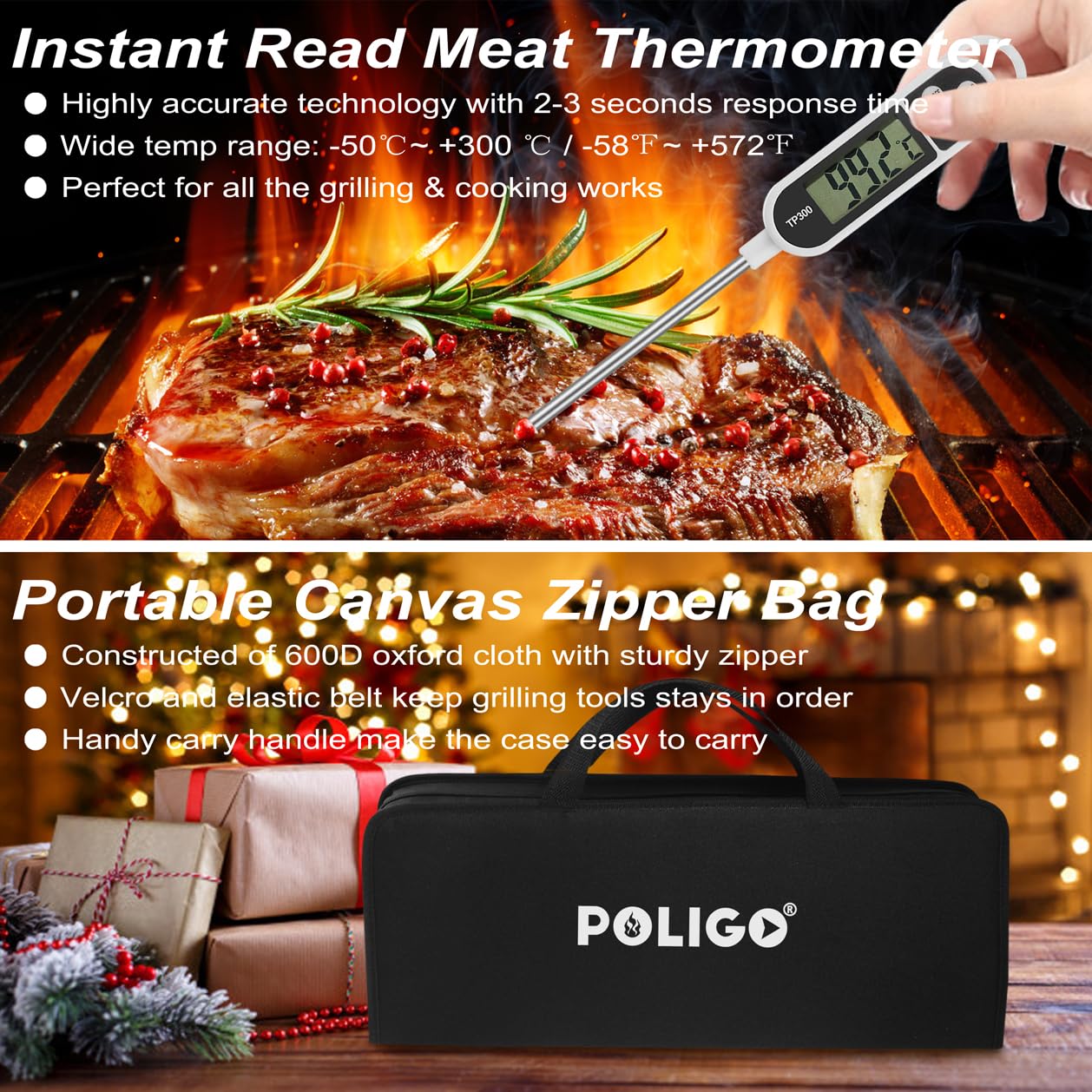 POLIGO 29 PCS BBQ Grill Accessories Stainless Steel BBQ Tools Grilling Tools Set with Storage Bag for Fathers Day Dads Birthday Presents - Camping Grill Utensils Set Ideal Grilling Gifts for Men Women