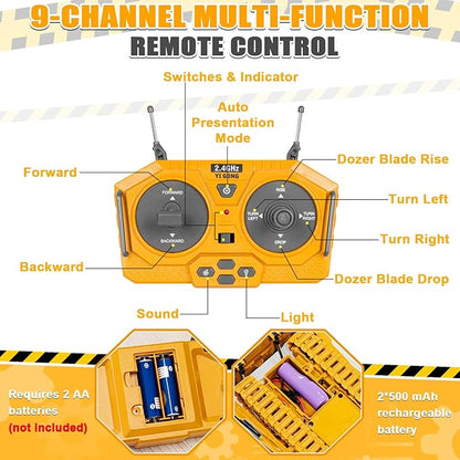 Remote Controlled Bulldozer 9-Channel Metal RC Construction Vehicle Toy with Lights Sound and Rechargeable Battery Remote Controlled Bulldozer Toy Gift for Kids Boys Girls Aged 4-12 (2.4 GHz)