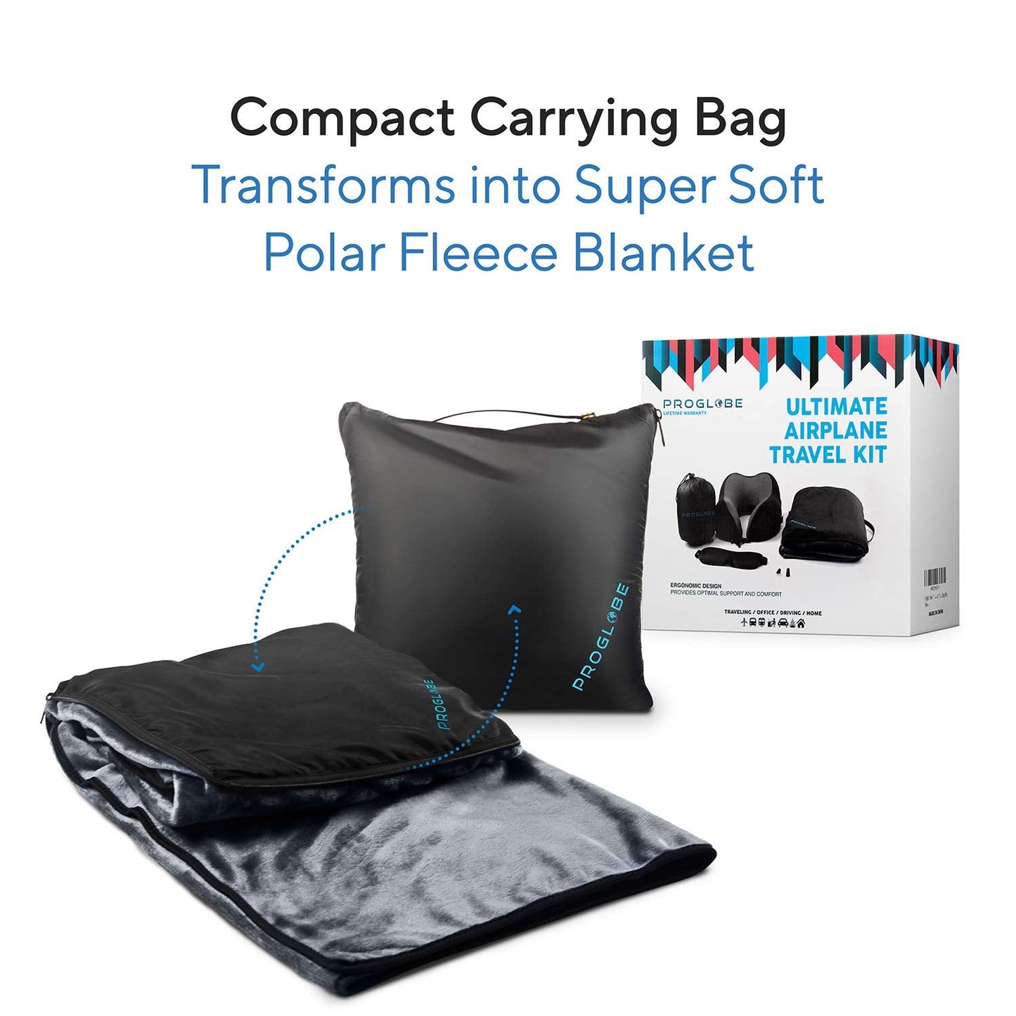 Proglobe Travel Blanket Luxury Travel Set - Ergonomic Airplane Neck Pillow 100% Pure Memory Foam and Super Soft Fleece Blanket - Premium 3D Sleep Mask & Earplugs - Ultimate 4-in-1 Traveling Kit Black