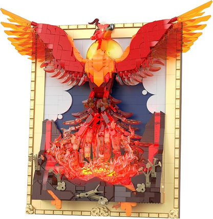 Phoenix Nirvana Building Block Sets 1565 Pcs Magic Fire Phoenix Building Toys with LED Lights 15*6.3*13.78in 3D Framed Wall Art Firebird DIY Model Kit for Gifts Decorations Collectibles