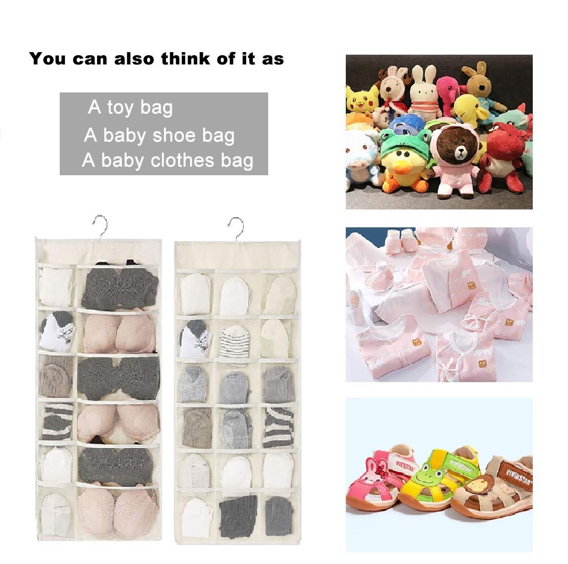 Newraturner Closet Hanging Organizer with Mesh Pockets & Rotating Metal Hanger,Dual Sided Wall Shelf Wardrobe Storage Bags,Oxford Cloth Space Saver Bag for Bra Underwear Underpants Socks (white)