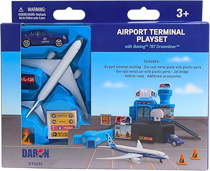 Daron Airport Building Playset with Boeing 787 Die-Cast Metal Airplane &amp Free-Wheeling Airport Car – Buildable Terminal with ATC Tower Jet Bridge &amp Accessories Construction Toy for Ages 3+