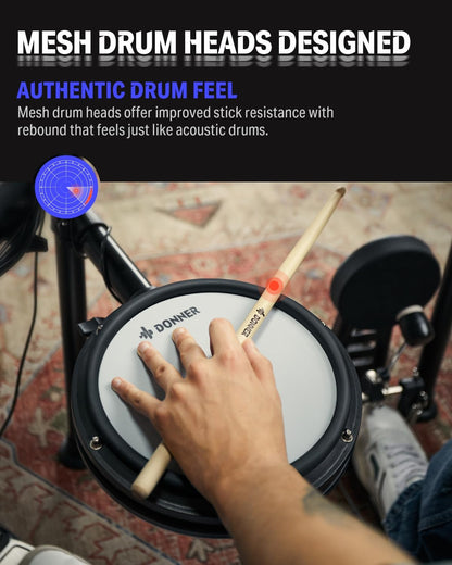 Donner DED-200X Electronic Drum Set, Electric Drum Kit with Quiet Mesh Drum Pads, 2 Cymbals w/Choke, 31 Kits and 450+ Sounds, Throne, Headphones, Sticks, USB MIDI, Melodics Lessons (5 Pads, 4 Cymbals)