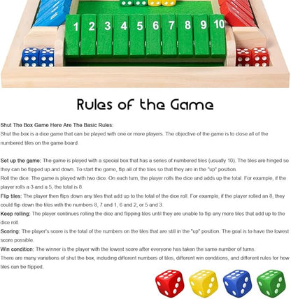 Shut The Box Game: 2-6 Player Wooden Board Math Game with 2-12 Dice | Educational Family Night Entertainment | Classic Pub Style | Funny Family Board Games (Wood-Square 4 Players)
