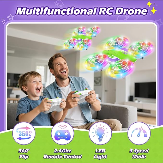 LED RC Drone for Kids 6+ Christmas Birthday Gift for Boys &amp Girls with Remote Batteries 360° Flip High Speed Mode 45 Min Flight Indoor and Outdoor Flying Toy - Green Purple