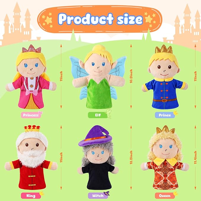 6 Pcs Castle Hand Puppets Fairy Tales Queen &amp King Princess &amp Prince Elf &amp Witch Plush Toys Role-Play Toy Puppets for Kids Storytelling Imaginative Pretend Play Teaching Preschool(6 Cart