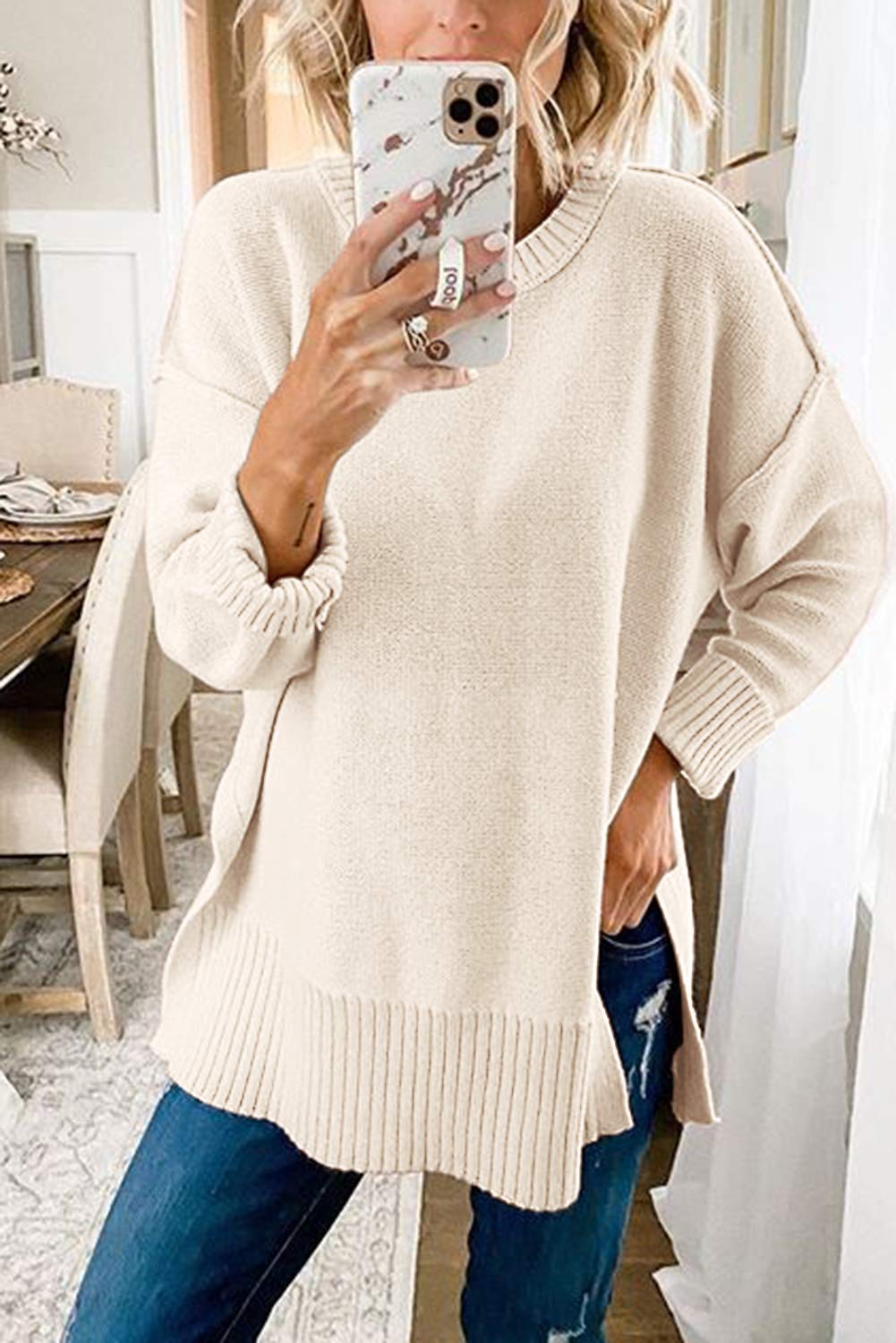 MEROKEETY Women's 2025 Fall Winter Oversized Pullover Sweater Casual Loose Crew Neck Long Sleeve Side Split Jumper Tops