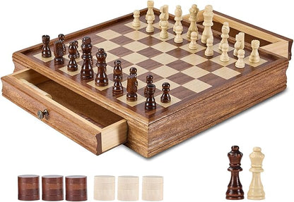 VEVOR Solid Wood Chess Set 15 inch 2-in-1 Chess Checkers Game Set Chess Board Games with Storage Drawer &amp Weighted Chess Checkers Pieces &amp 2 Queens Christmas Crafts Xmas Gift