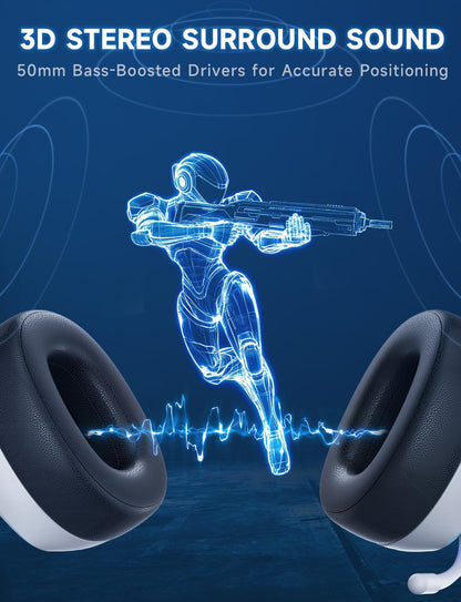 Gvyugke 2.4GHz Wireless Gaming Headsets for PS5, PS4, PC, Switch - Bluetooth 5.3 Gaming Headphones with Noise Canceling Mic, 7.1 Surround Sound, 70H Battery, Blue Lighting - White