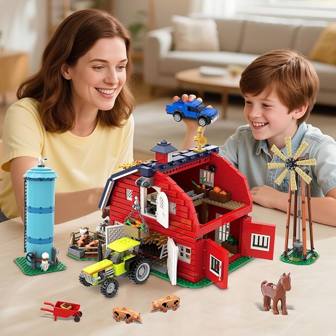 Western Farm Barn House Easter Building Set with Lights Newly Enhanced with Reinforced Structure 1434PCS Red Barn Building Toy with Animals Horse Tractor Windmill for Adults Boys Girls 10+