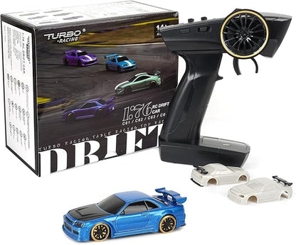 Turbo Racing 1:76 Scale Drift RC Car Table Racing 2.4GHZ Remote Control Mini Model Car with Gyro Full Proportional RTR for Adults Toys (C64-Blue)