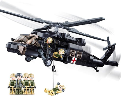 UH-60 Black Utility Helicopter Building Set for Adults Compatible with Lego Military Army Airplane Hawk Plane Model Kit with 4 Soldier Figures Birthday Gift Toys for 8-14 Boys Kids (692 PCS)