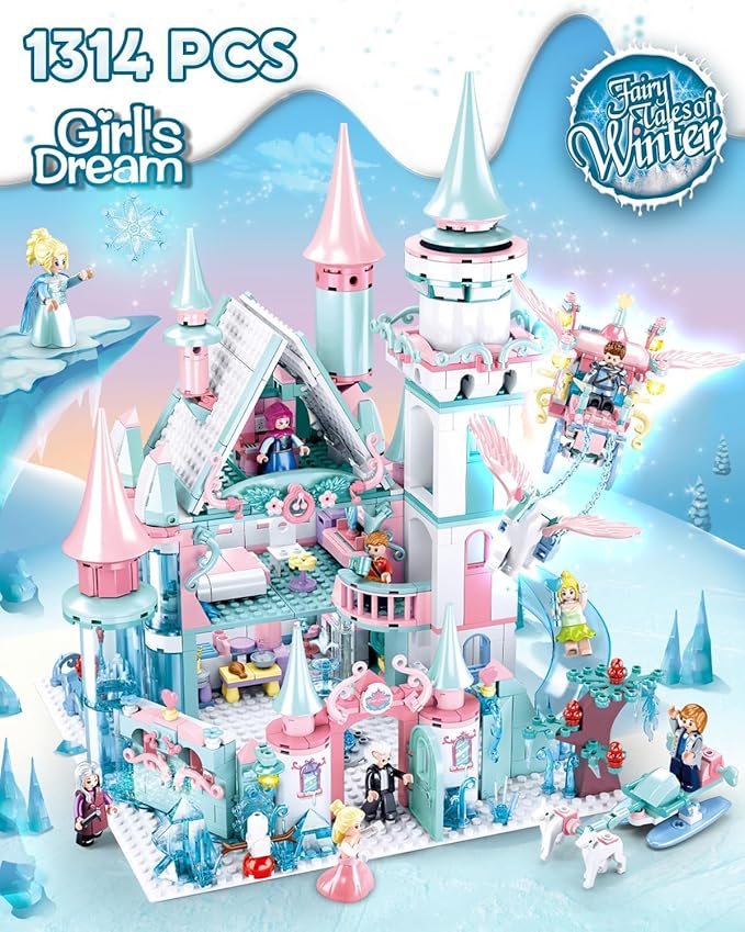 Castle Girl Set Princess Castle Building Set Friend Dream House Blocks with Slide Carriage &amp Sledge 9 Minifigures Gift for Girls Aged 6+ Compatible with Lego Castle Sets 1314 PCS