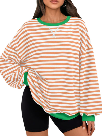 Trendy Queen Oversized Sweatshirt for Women 2025 Fall Crewneck Striped Long Sleeve Shirts Hoodies Cute Top Y2K Outfits