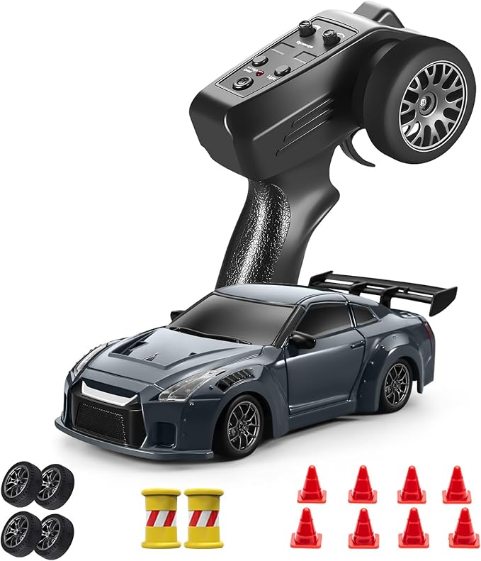 ACAMMZAR Mini RC Drift Car with Gyro 1:43 4WD Full Proportional RC Cars 18KM/H High Speed Remote Control Car with Lights Extra Racing Tires Vehicle for Adults Kids Boys Light Gray