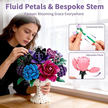 1070Pcs Flower Bouquet Building Set Artificial Fake Flowers Bridal Wedding Building Blocks Botanical Collection DIY Craft for Adults &amp Kids Girlfriend Wife Valentine’s Day Birthday Home Table D