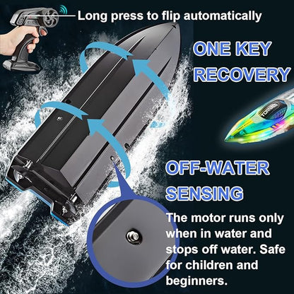 RC Boat with LED Light for Kids 15KM/H 2.4G Remote Control Boat with LED Lights RC Electric Boats for Pools and Lakes with Rechargable Batteries Toy for Adults and Kids