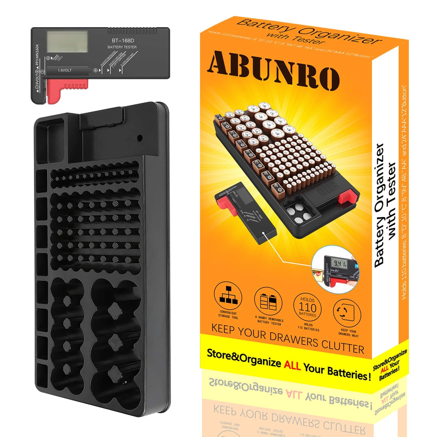 Battery Organizer Storage case with tester can hold 110 battery Various Sizes for AAA, AA, 9V, C and D size and Digital Battery Tester