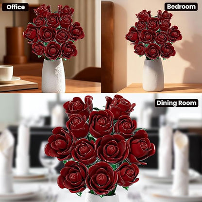 Burgundy Red Rose Bouquet Building Set for Girls &amp Boys - 12 Pack Botanical Collection Gift for Easter Basket Artificial Flowers Botanical Collection Centerpiece Retro Decor