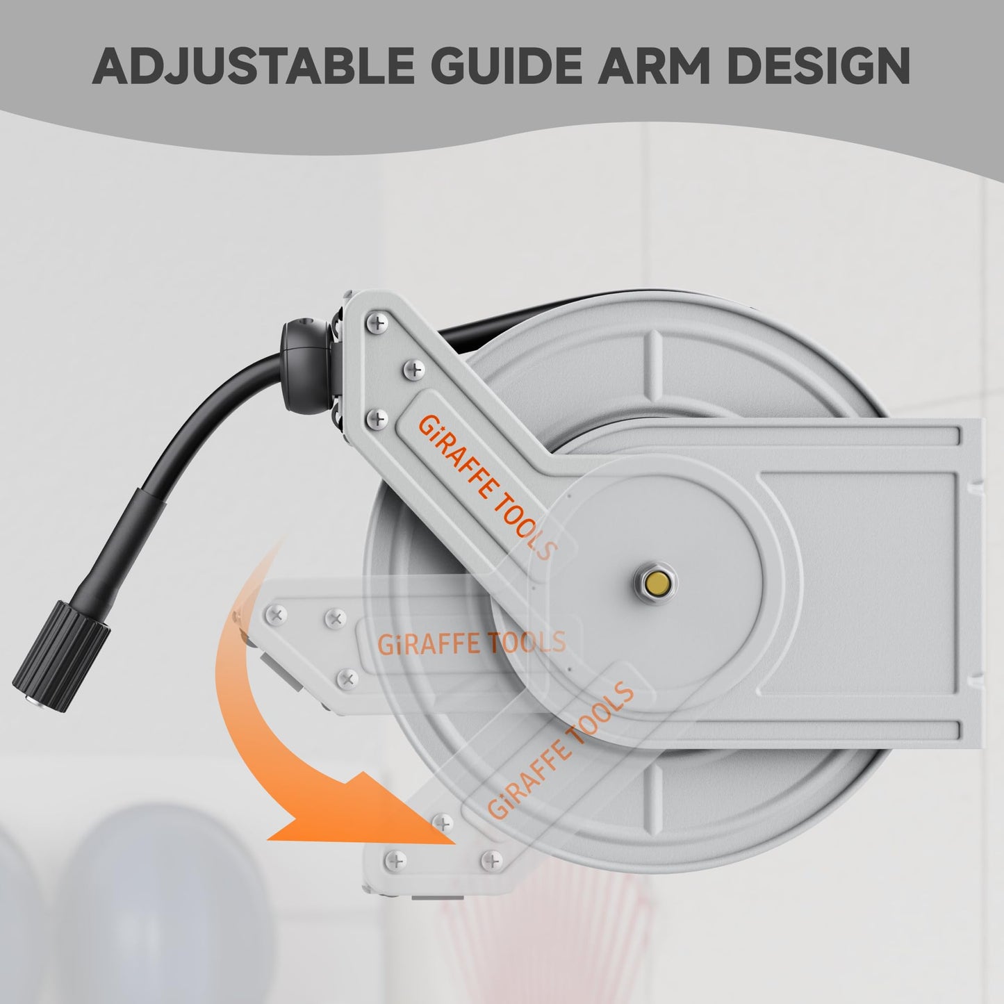 Giraffe Tools Pressure Washer Hose Reel 65ft, Power Washer Hose Reel, Pressure Washer Retractable Hose Reel, Heavy Duty, Wall/Floor Mounted, 3200 PSI, Silver