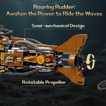 PANTASY Steampunk Nautilus Submarine Building Set Modular 3-Section Design with Gear-Linked Propeller Mini Boat &amp Undersea Adventure Scene Retro Mechanical Collectible Model Kit for Adults