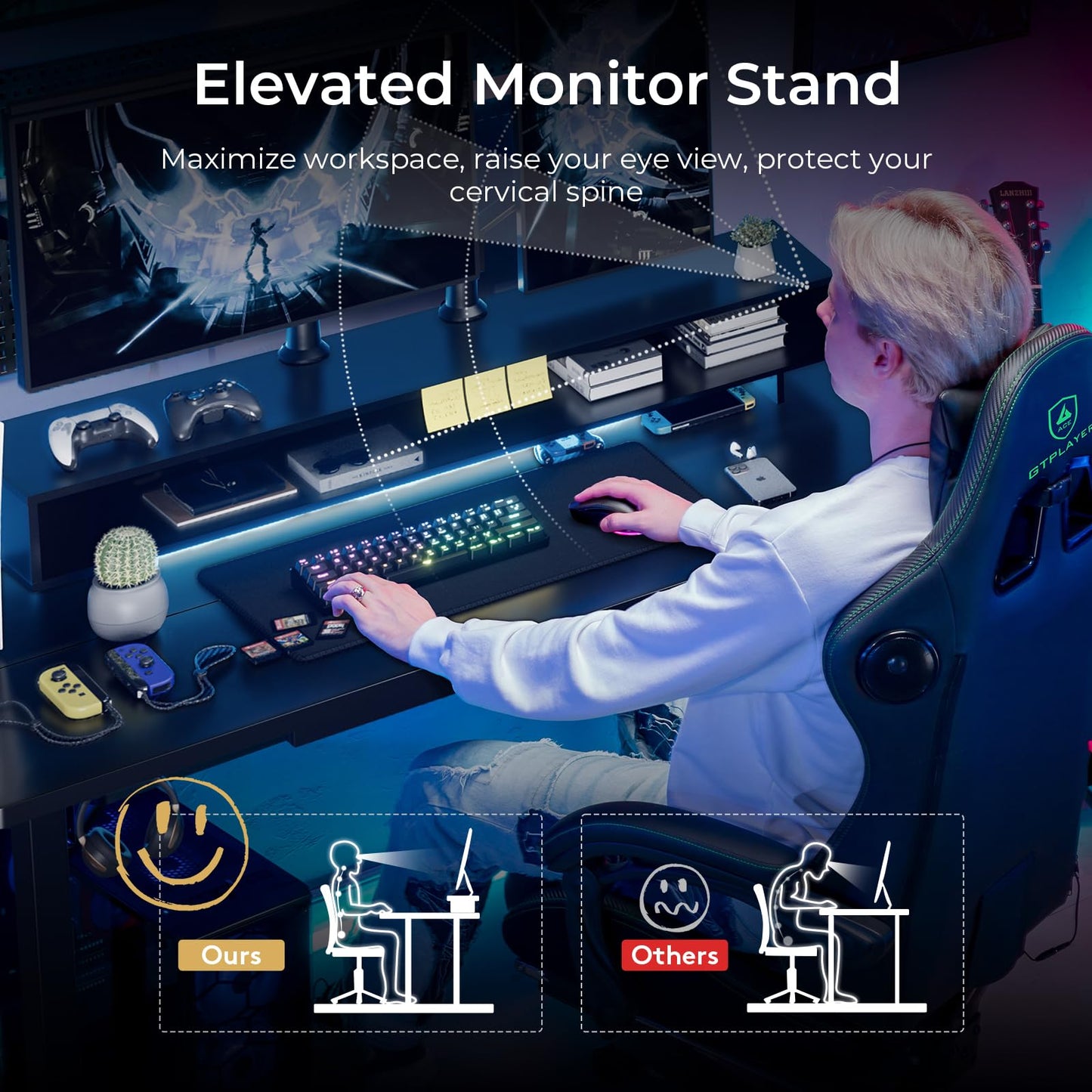 GTPLAYER Electric Standing Desk with Drawers, 55 x 24 Inch Height Adjustable Gaming Desk with Monitor Stand, Power Outlets & LED Lights, Home Office Sit Stand Up Desk with Memory Preset Controller